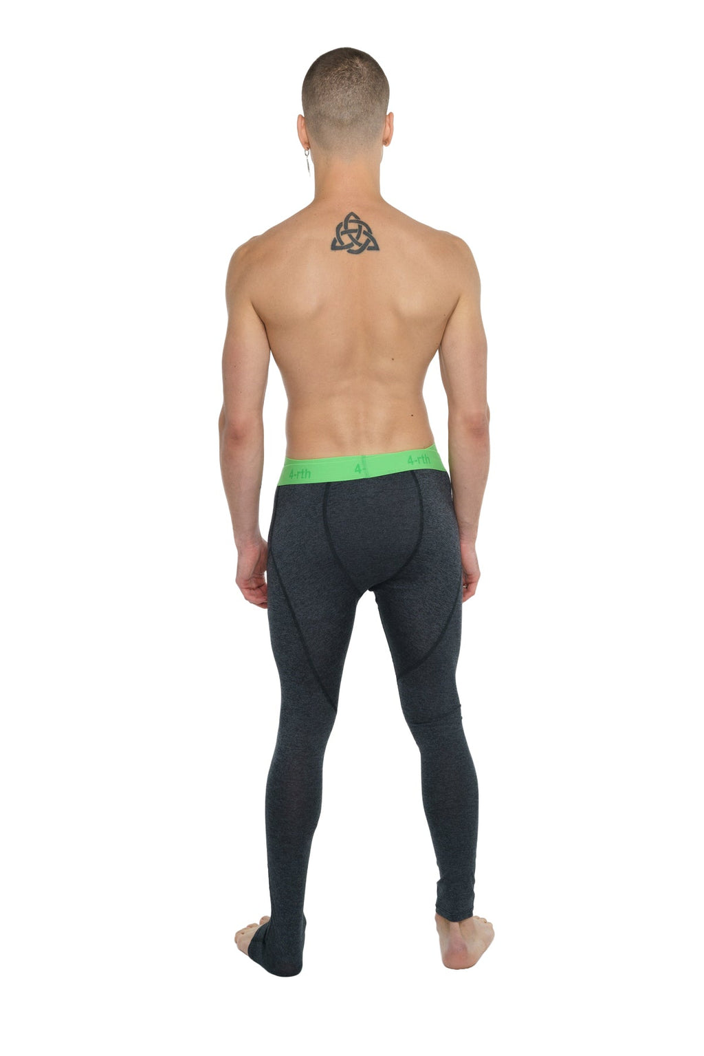 Black performance yoga leggings in charcoal heather with bright green waistband designed for long wear