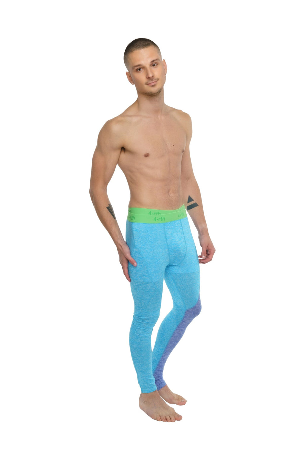Performance yoga leggings long in bright blue and purple gradient compression fabric with lime green waistband