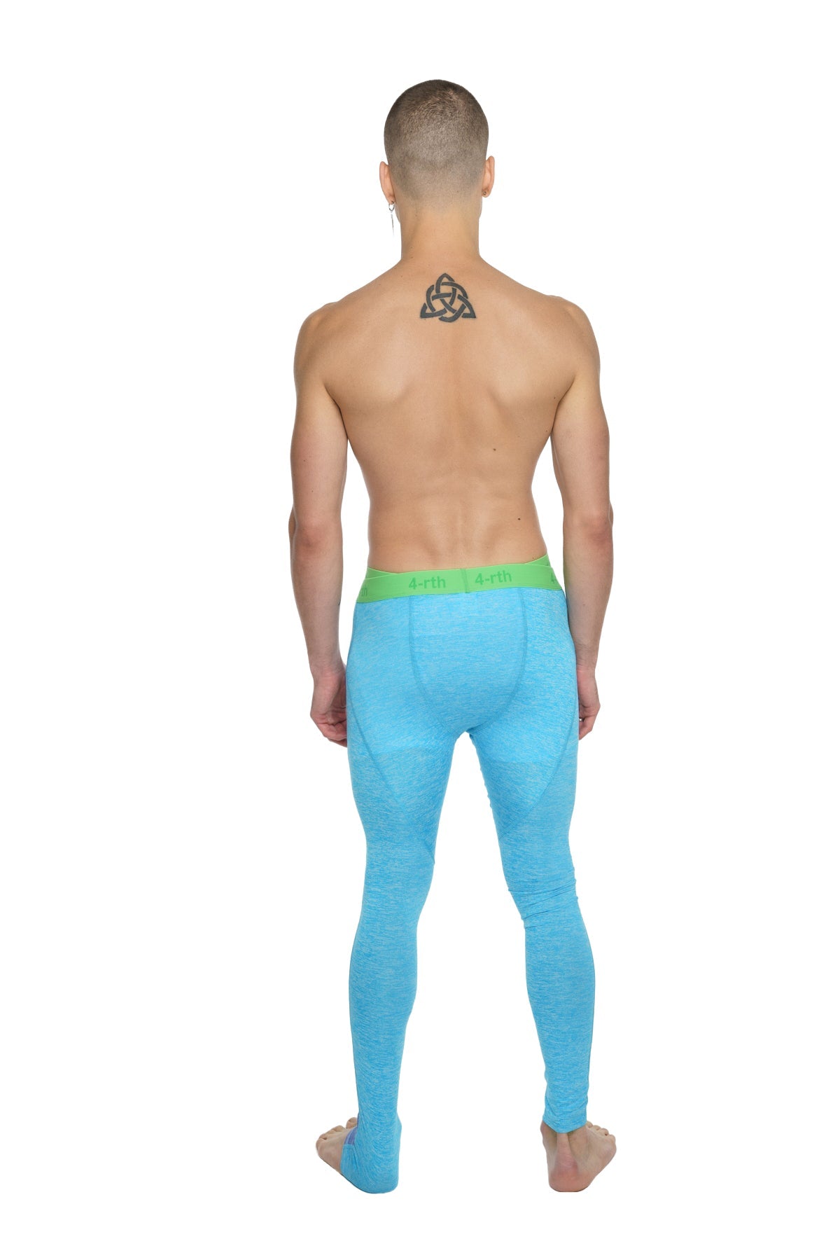 Performance yoga leggings long coral heather with bright blue form-fitting fabric and contrasting lime green waistband