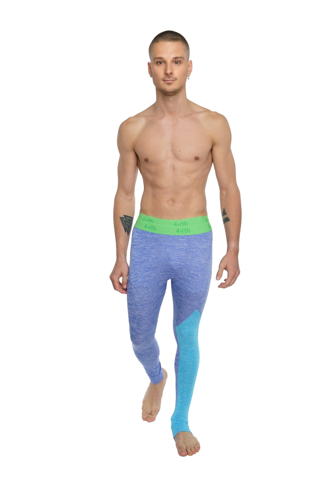 Performance yoga leggings long in blue and turquoise gradient with bright green waistband for athletic wear