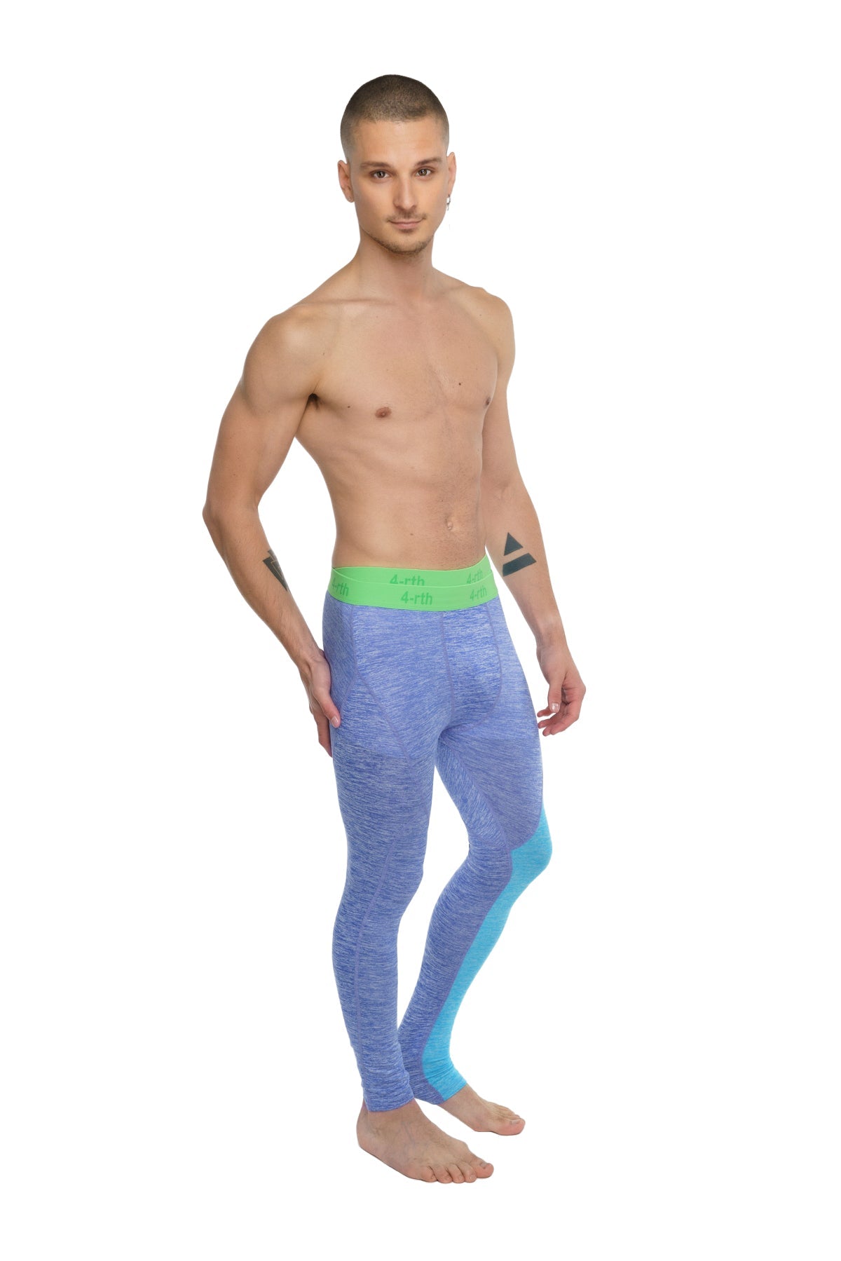Performance yoga leggings long in blue and teal textured fabric with a bright green waistband for activewear use