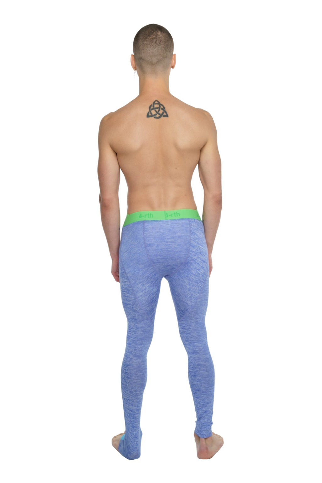 Performance yoga leggings long in blue textured fabric with bright green waistband for active wear