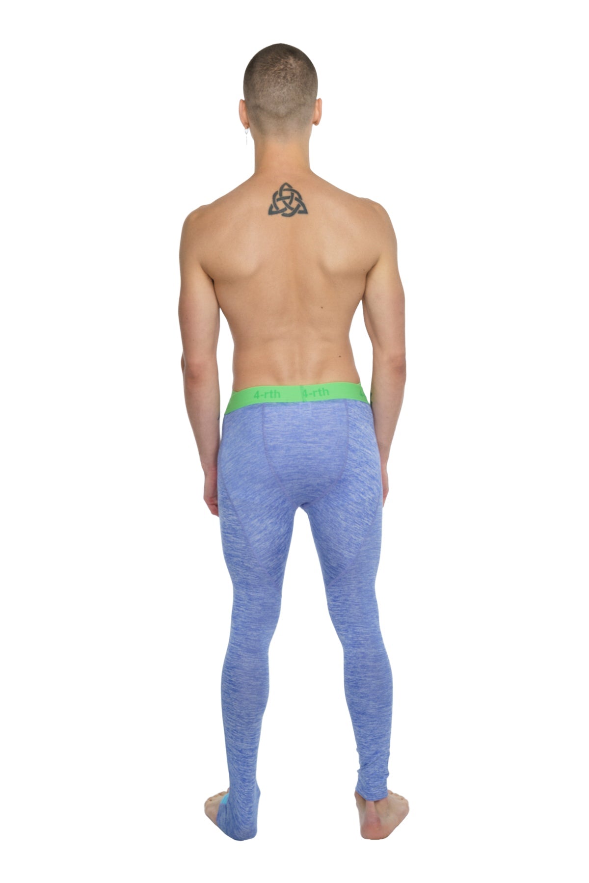 Performance yoga leggings long in blue textured fabric with bright green waistband for active wear