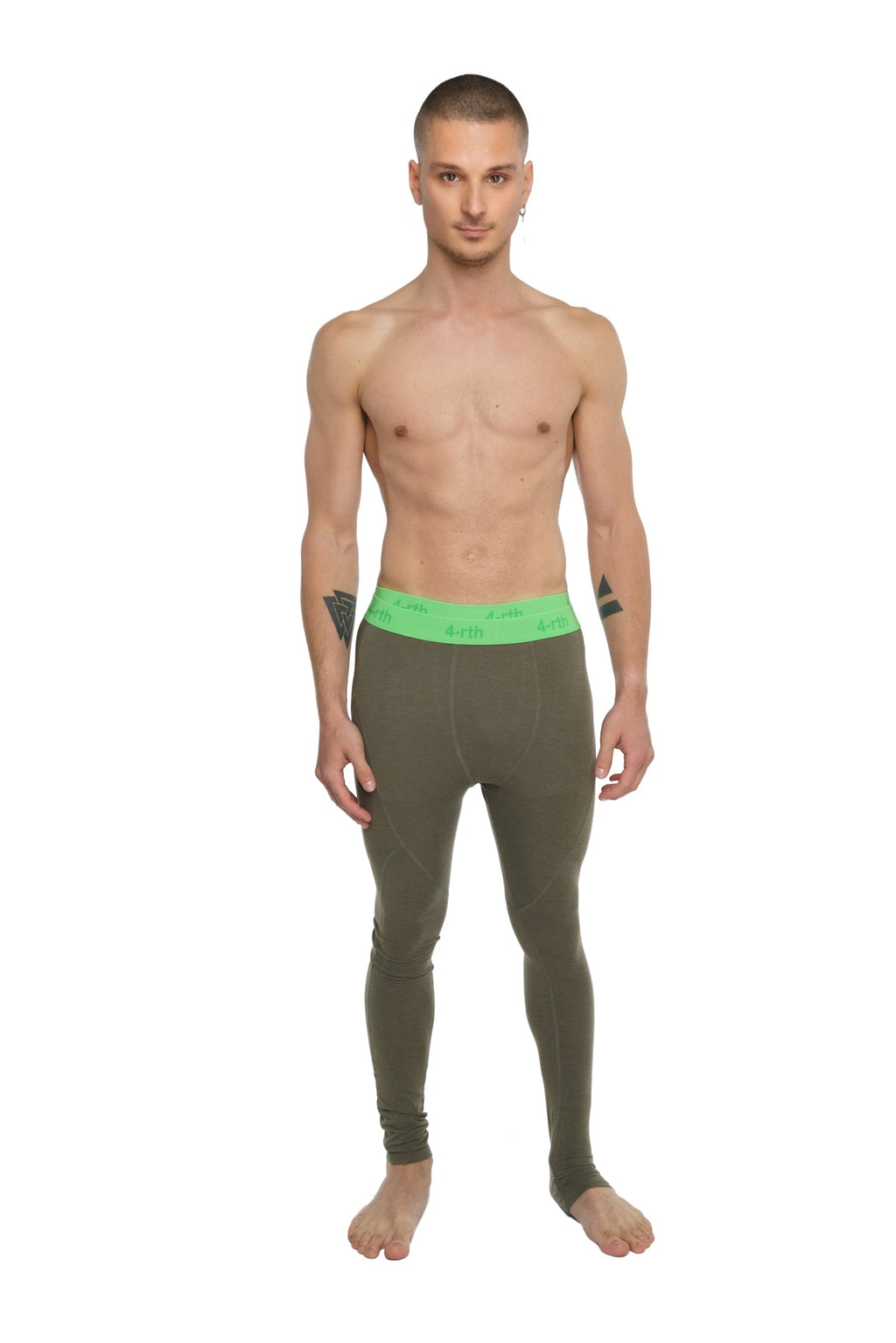 Olive green performance yoga leggings with bright neon green calvin klein logo waistband in stretchy fabric