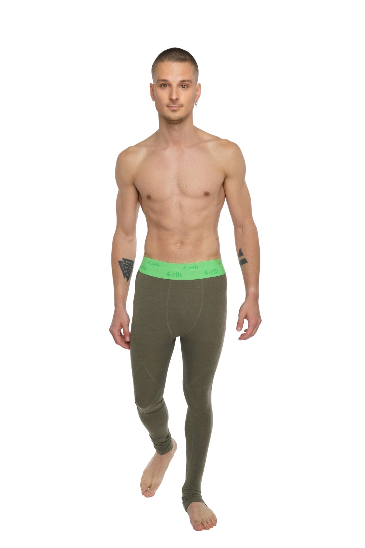 Performance yoga leggings long in olive green with a neon green waistband featuring the 4th brand name in white
