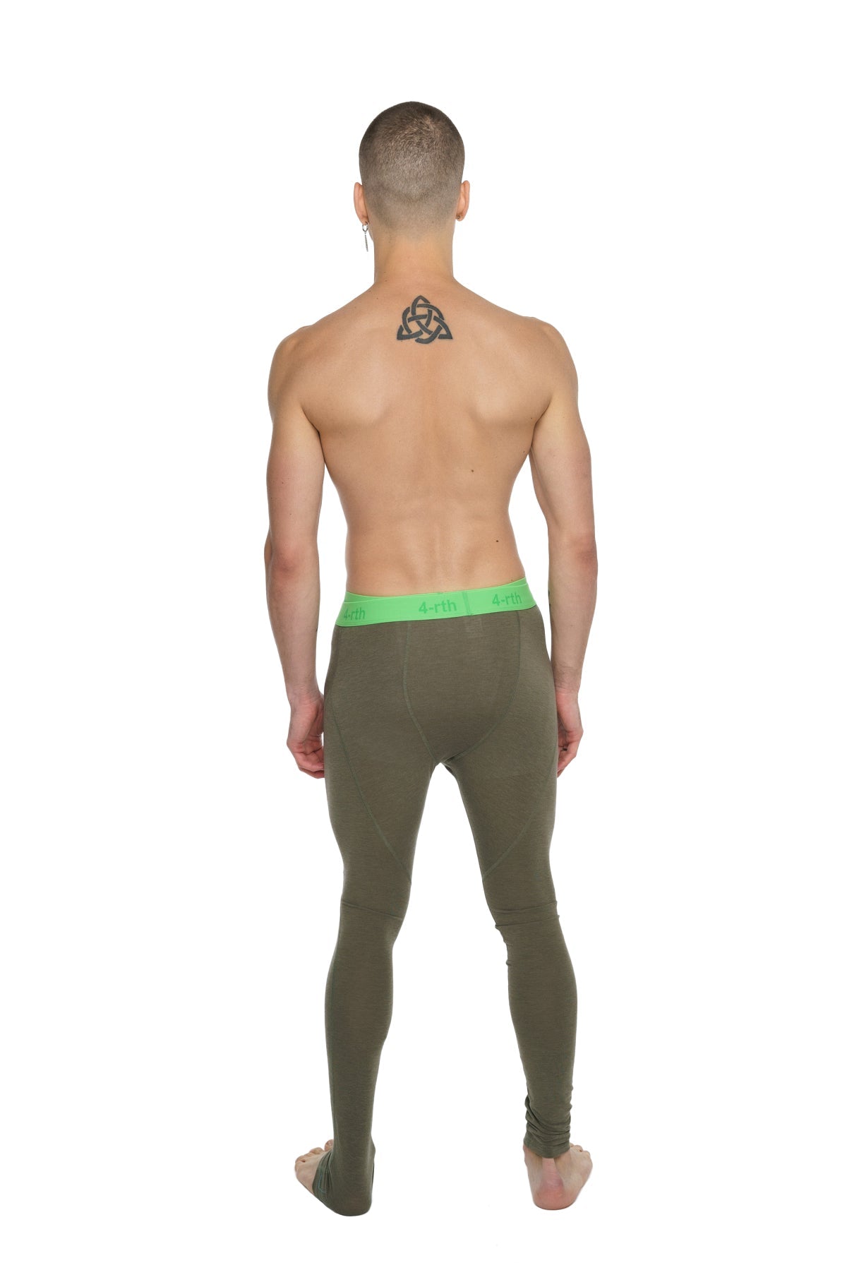 Olive green performance yoga leggings with bright neon green waistband designed for long-lasting comfort and support