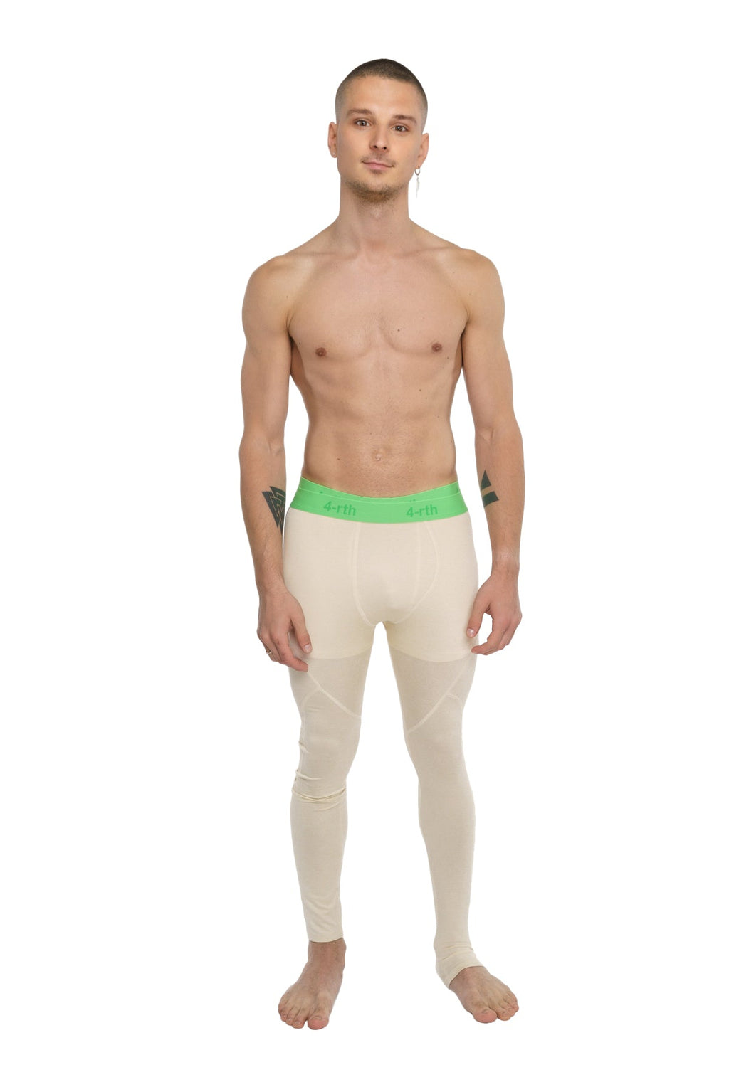 Cream-colored performance yoga leggings with bright green calvin klein waistband in sand beige long fit
