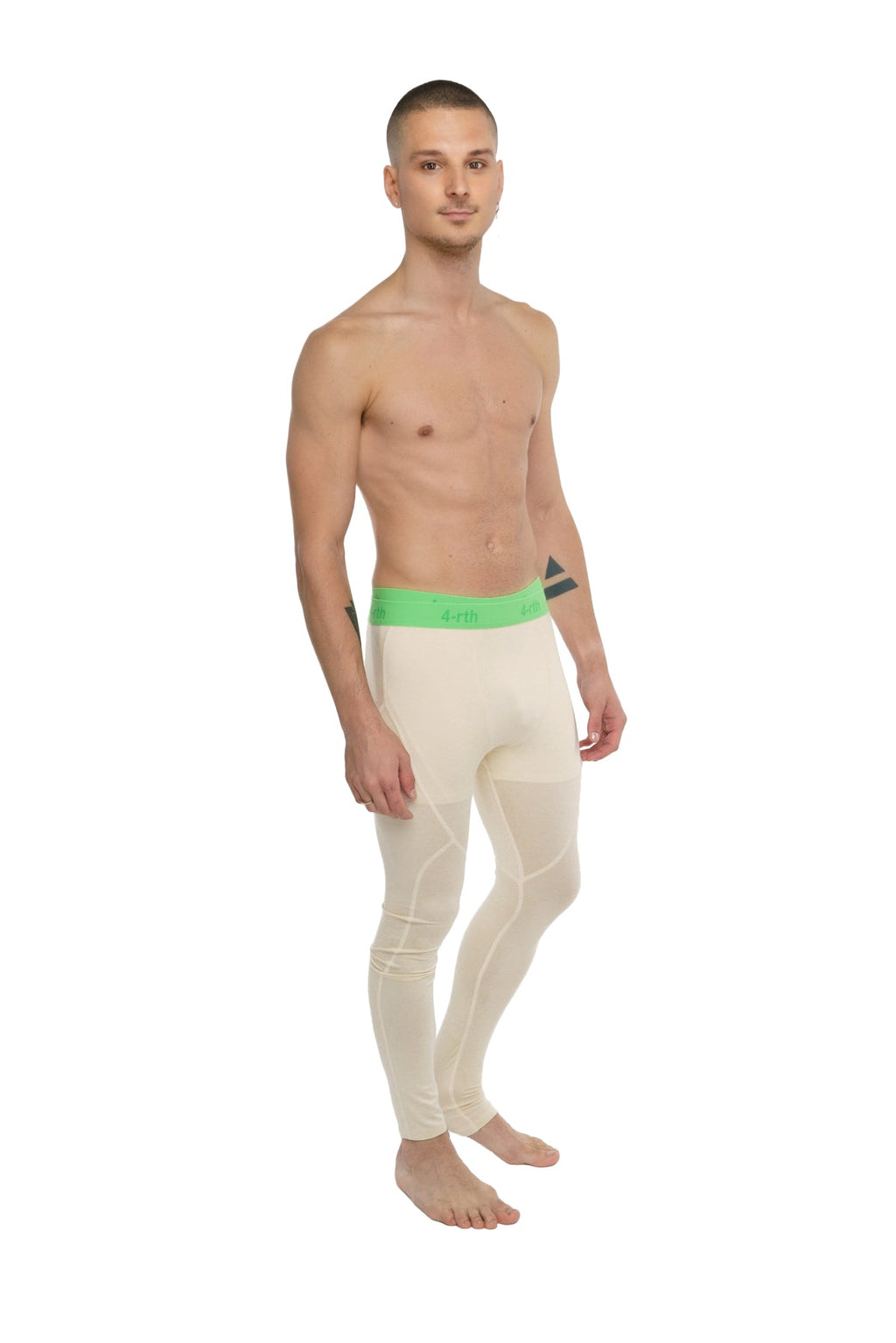 Performance yoga leggings long in sand beige with a bright green waistband and brand logo for active wear