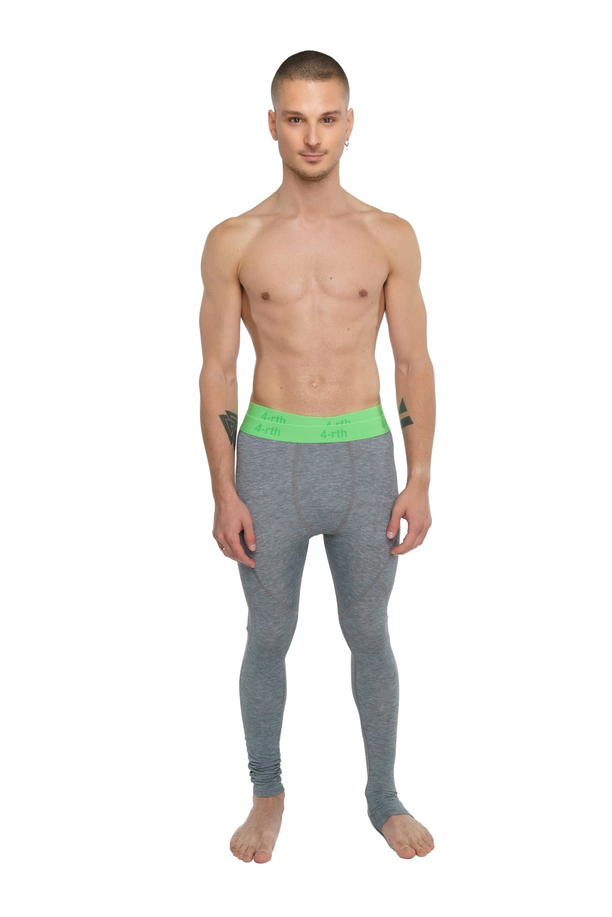 Gray merino wool performance yoga leggings with bright green calvin klein waistband in steel heather color