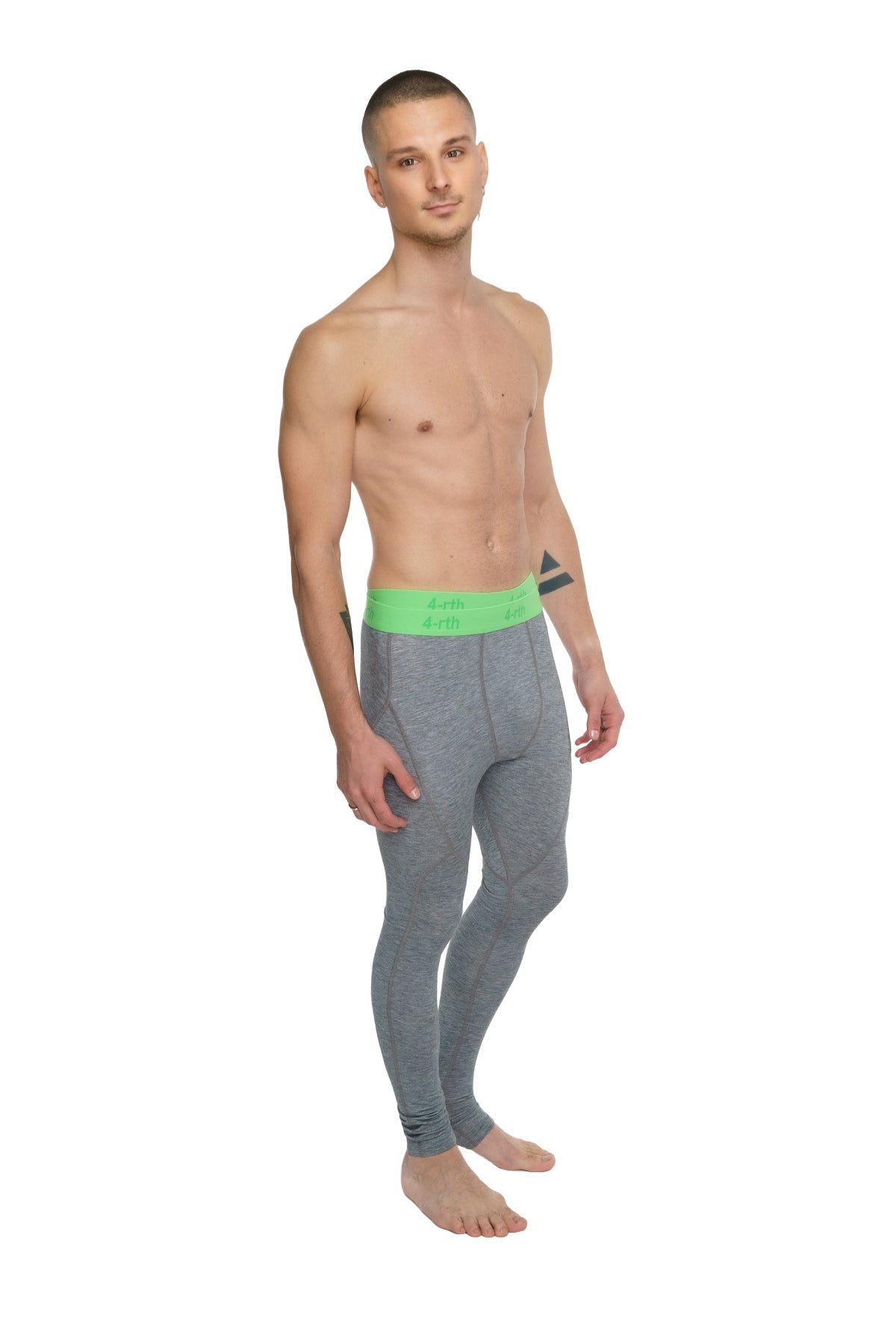 Gray steel heather performance yoga leggings with bright green waistband and brand logo designed for athletic use