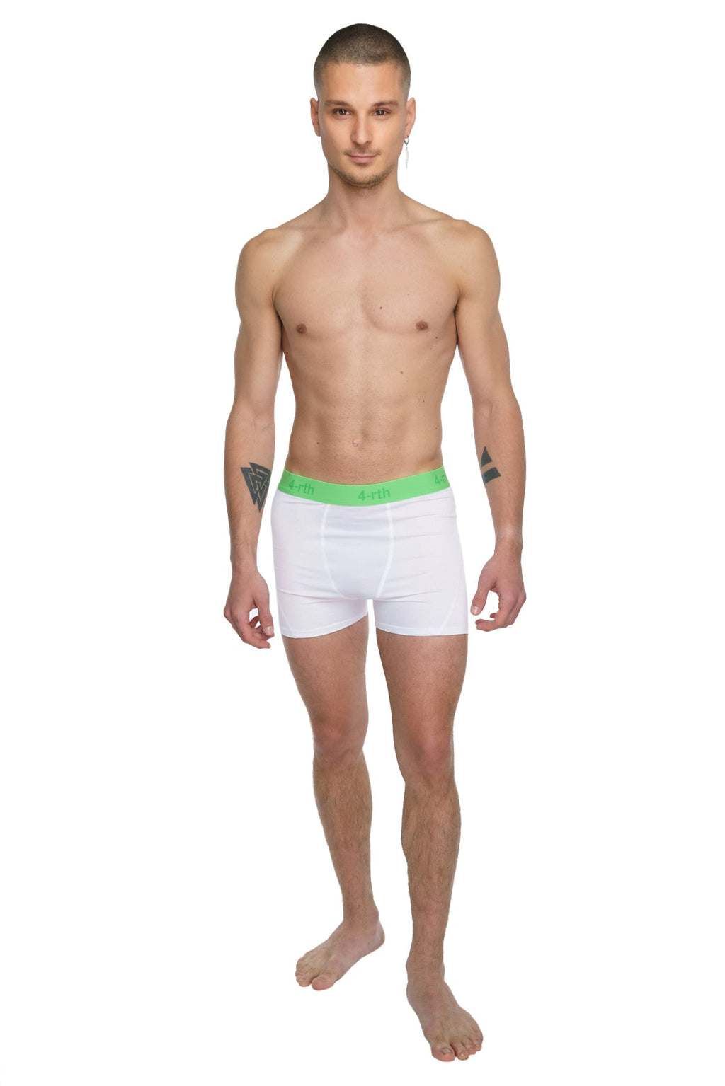 White boxer briefs with bright green elastic waistband designed for performance yoga leggings in arctic white color