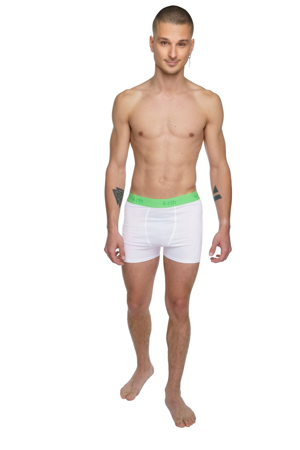 White calvin klein boxer briefs with a bright green waistband shown alongside performance yoga leggings arctic white