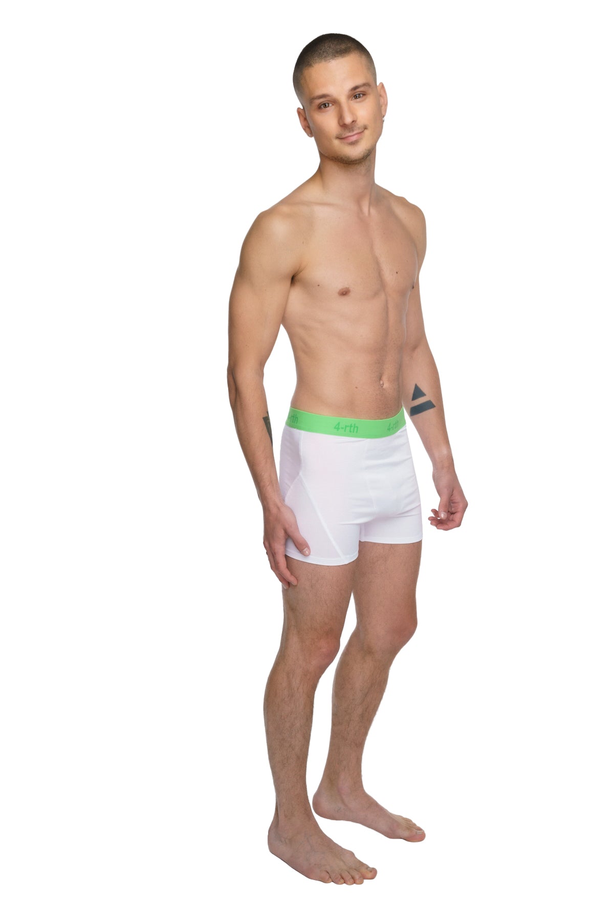 White boxer briefs with bright green elastic waistband branded 47 designed for performance yoga leggings arctic white