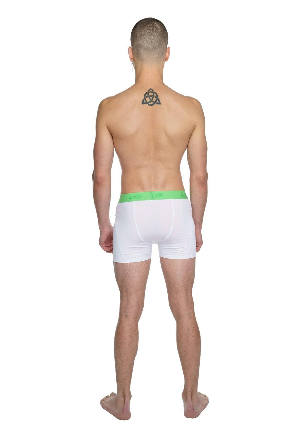 White boxer briefs with a bright green elastic waistband designed for performance yoga in arctic white color