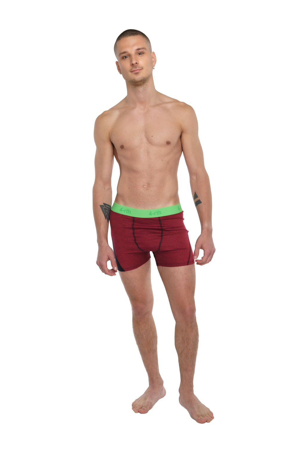 Performance yoga leggings short in brick red heather with a bright green waistband shown from the back