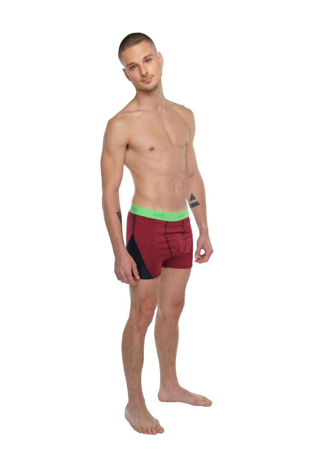 Maroon and black athletic briefs with bright green waistband designed for performance yoga and active use