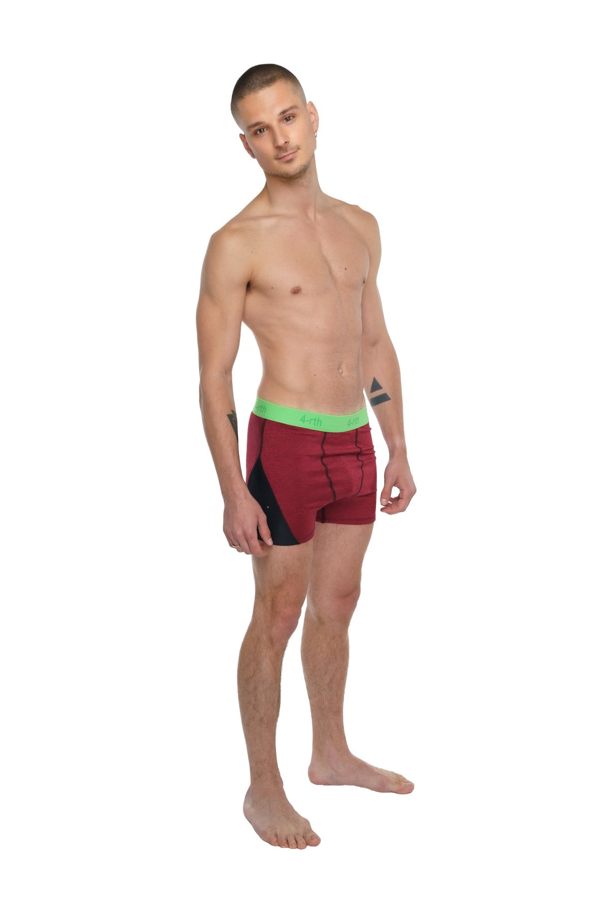 Maroon and black athletic briefs with bright green waistband designed for performance yoga and active use