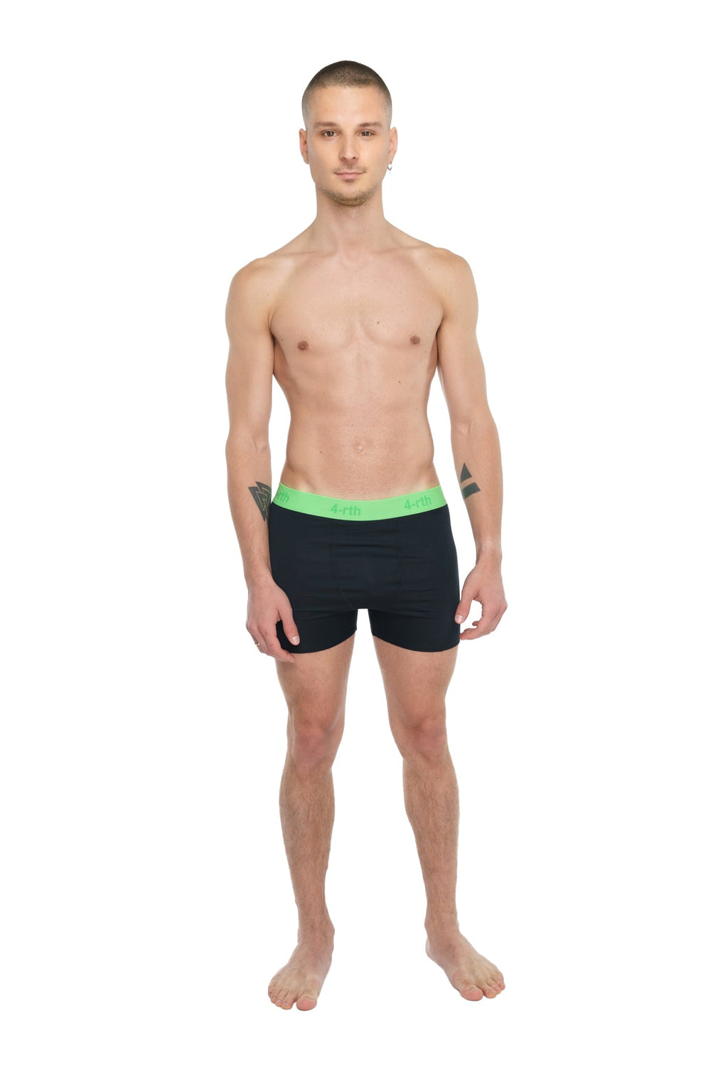 Black boxer briefs with bright green avli waistband designed for performance yoga and active wear in carbon black