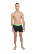 Black boxer briefs with bright green avli waistband designed for performance yoga and active wear in carbon black