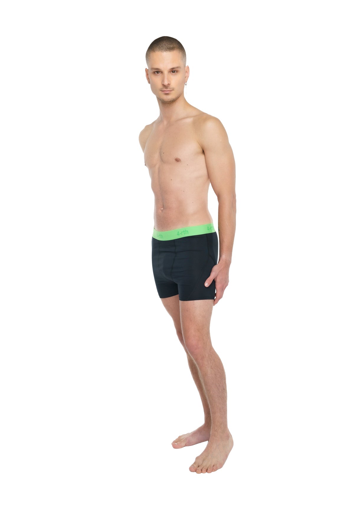 Black briefs with bright green waistband designed for performance and comfort in active wear use