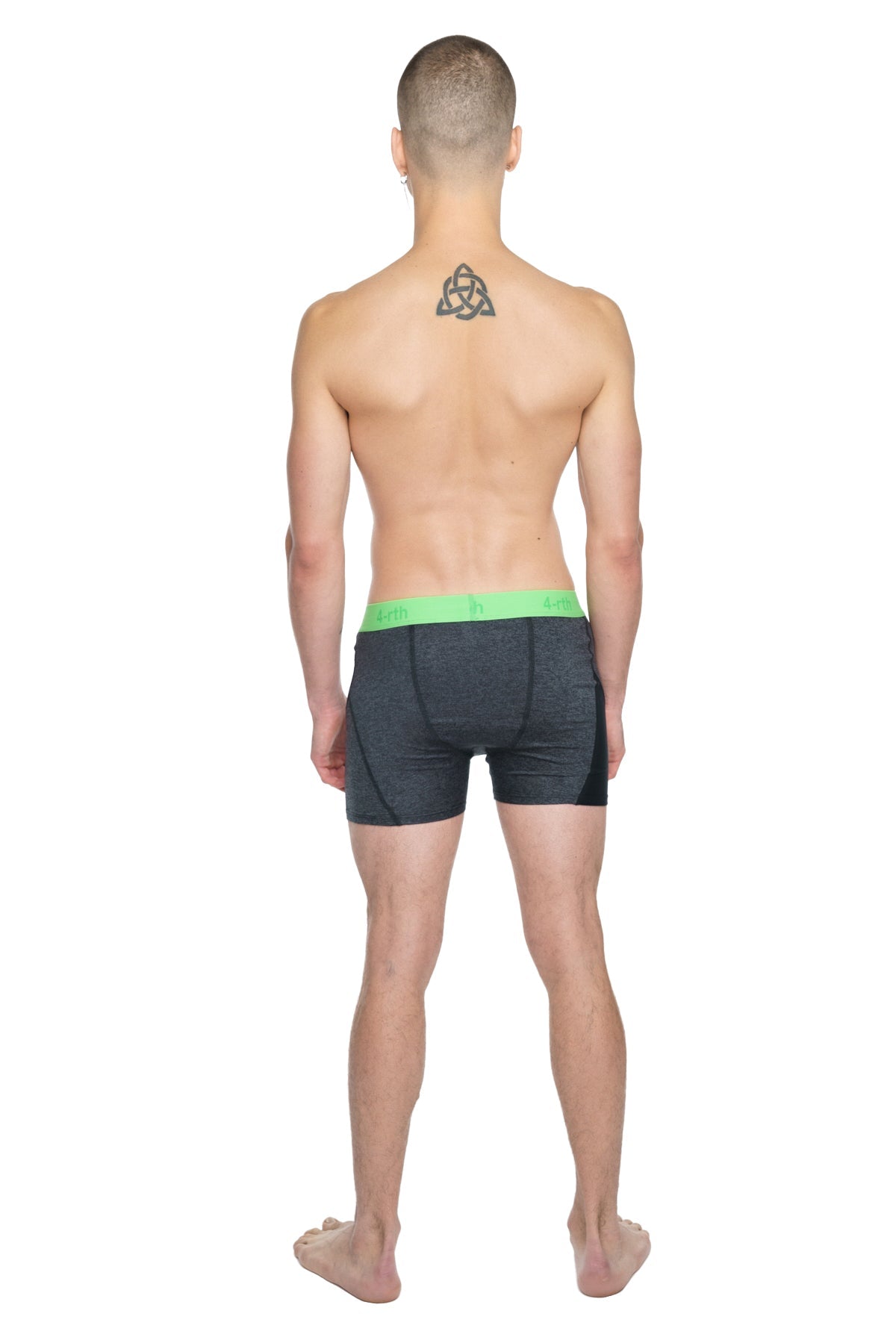 Black athletic boxer briefs with bright green waistband shown from back as performance yoga leggings charcoal heather