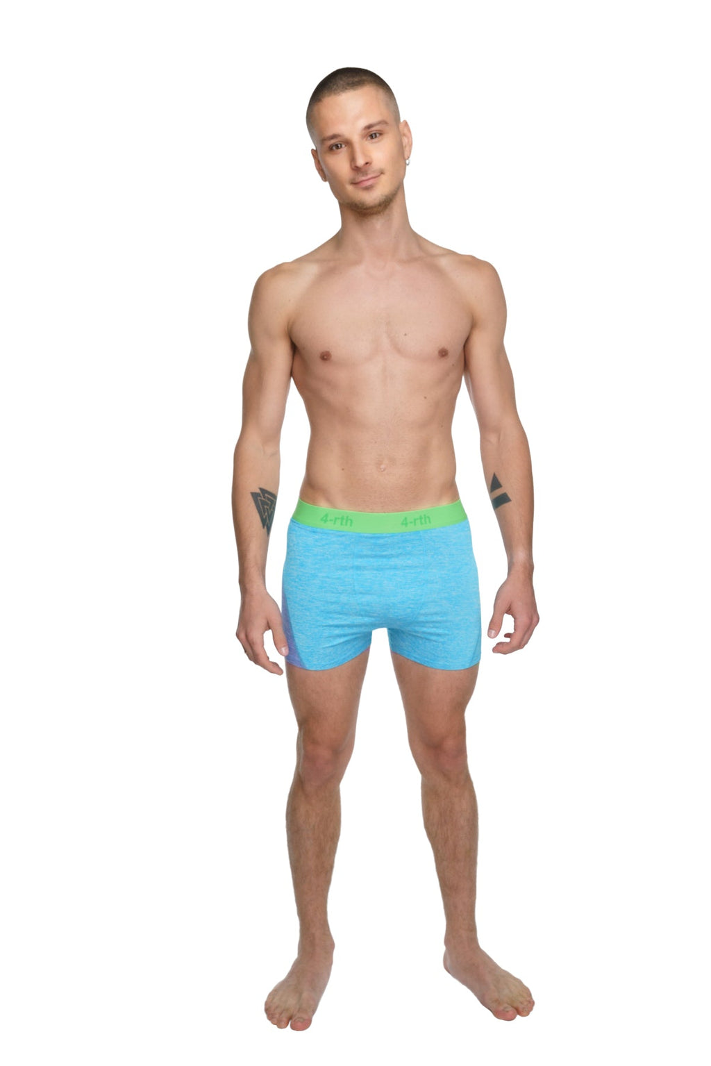 Light blue boxer briefs with bright green elastic waistband shown with performance yoga leggings short coral heather product