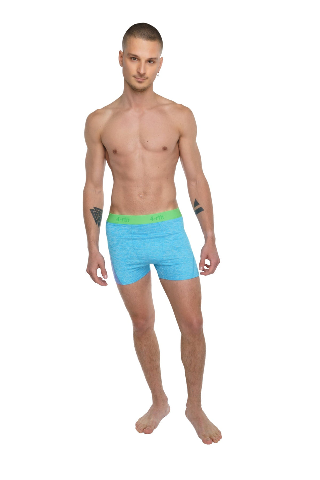 Bright blue boxer briefs with lime green waistband designed for performance and comfort in active wear
