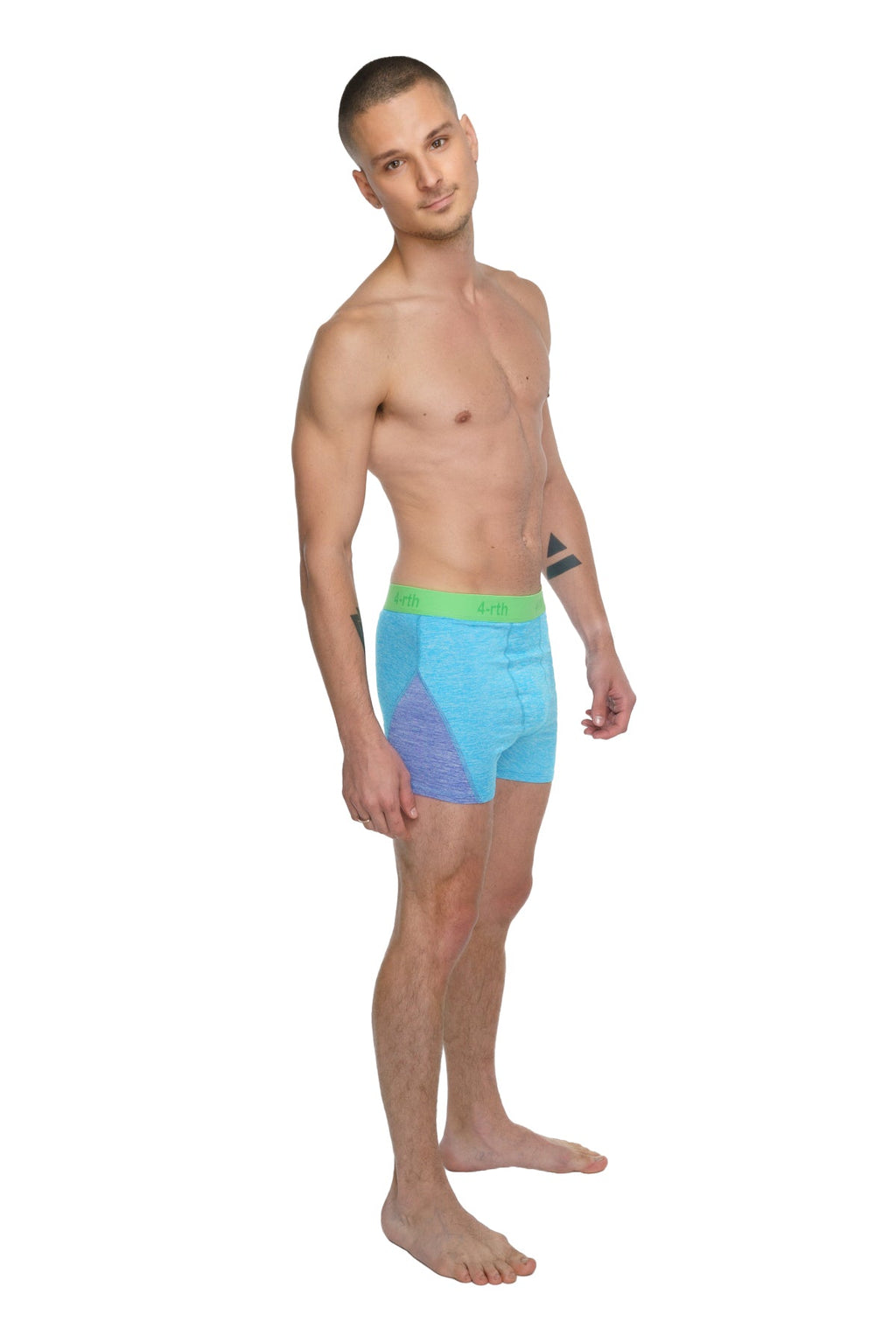 Performance yoga leggings short in coral heather with light blue and purple athletic briefs and bright green waistband