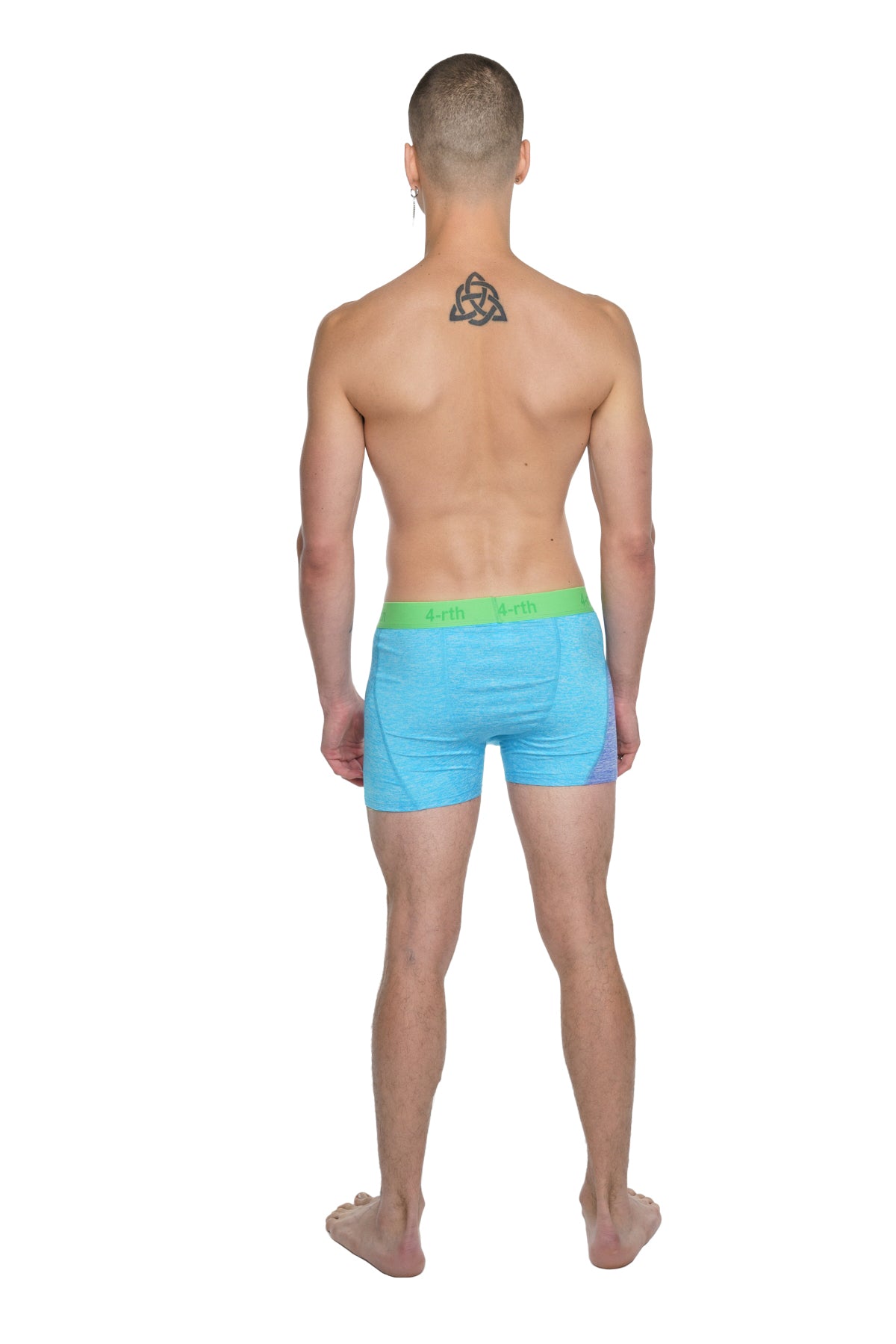 Light blue boxer briefs with bright green elastic waistband designed for performance and comfort during yoga workouts