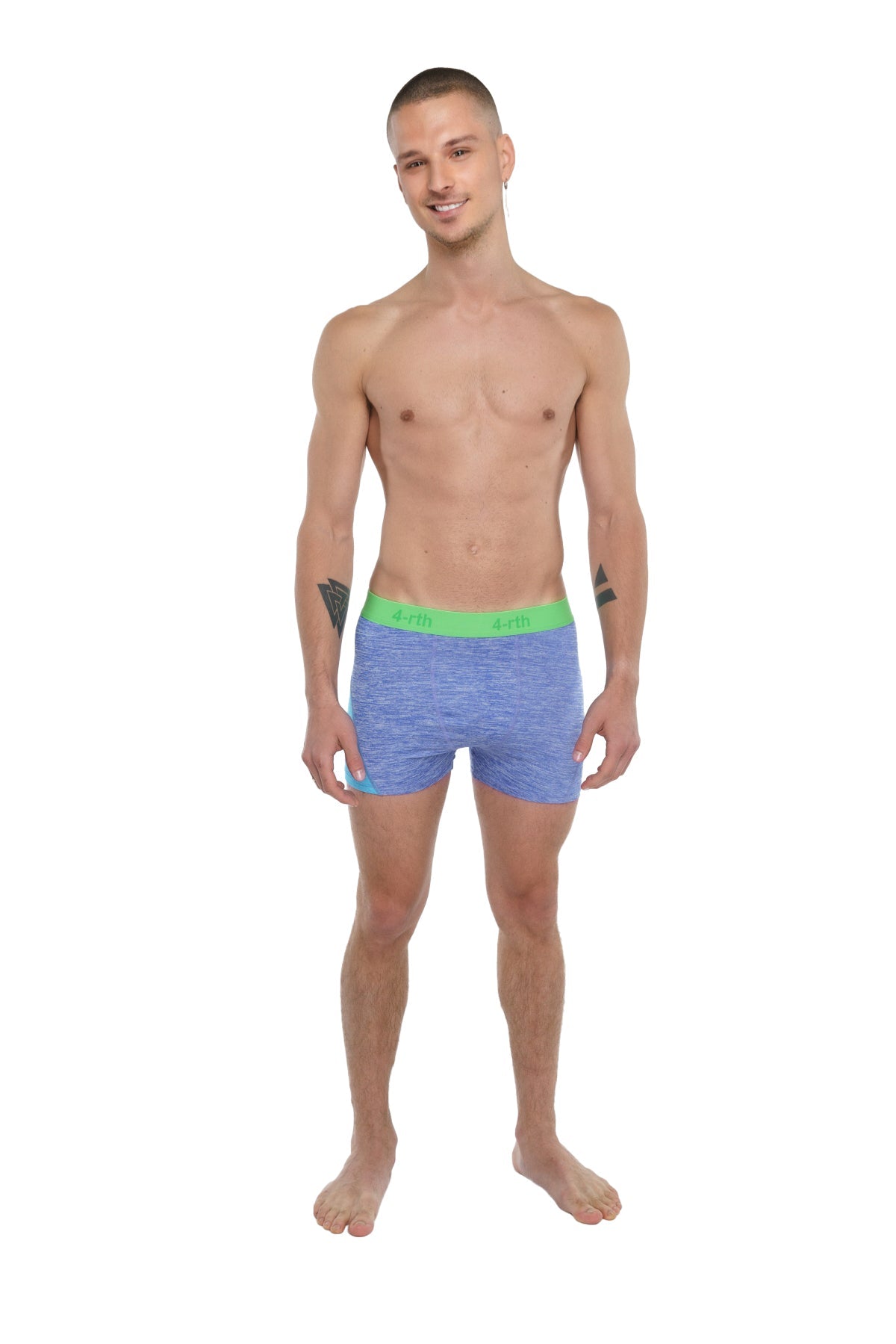 Blue heathered boxer briefs with bright green elastic waistband designed for performance and comfort during yoga