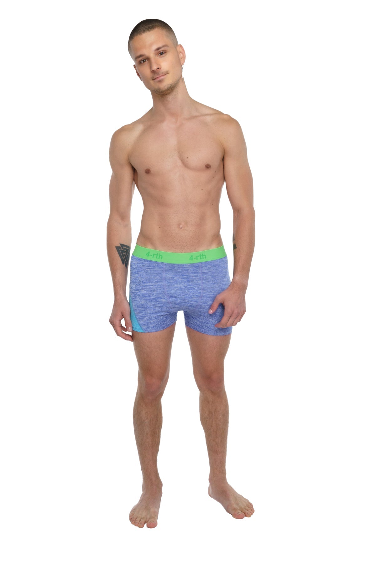 Performance yoga leggings short lavender heather with blue heathered boxer briefs bright green waistband and teal panels