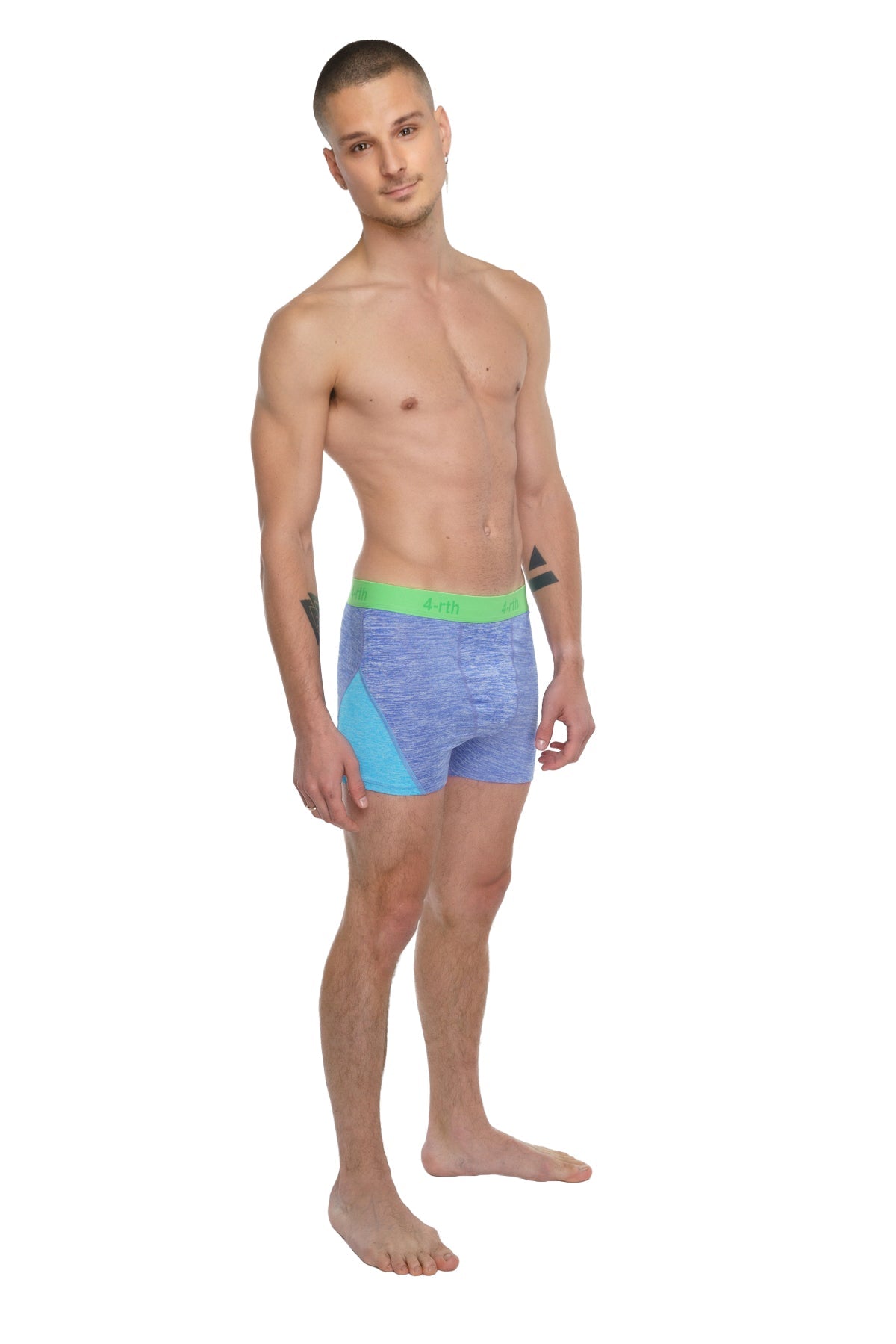 Performance yoga leggings short in lavender heather shown as blue and teal gradient boxer briefs with bright green waistband