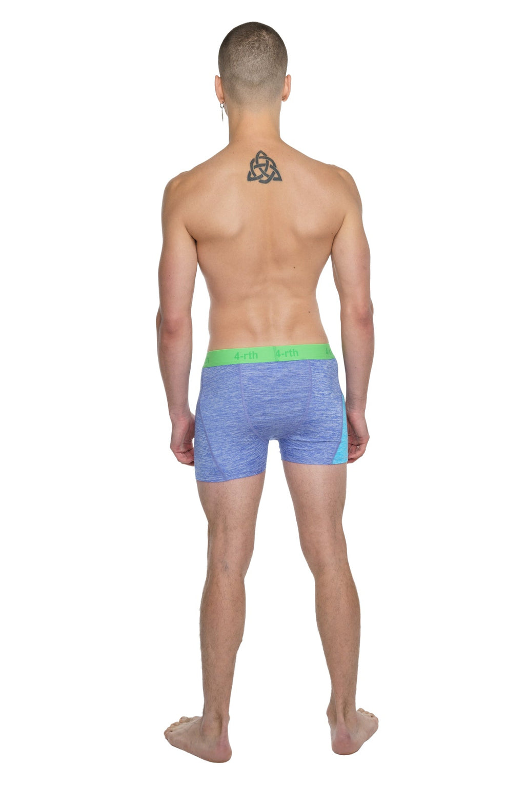 Blue heathered boxer briefs with bright green waistband designed for performance yoga leggings short lavender heather