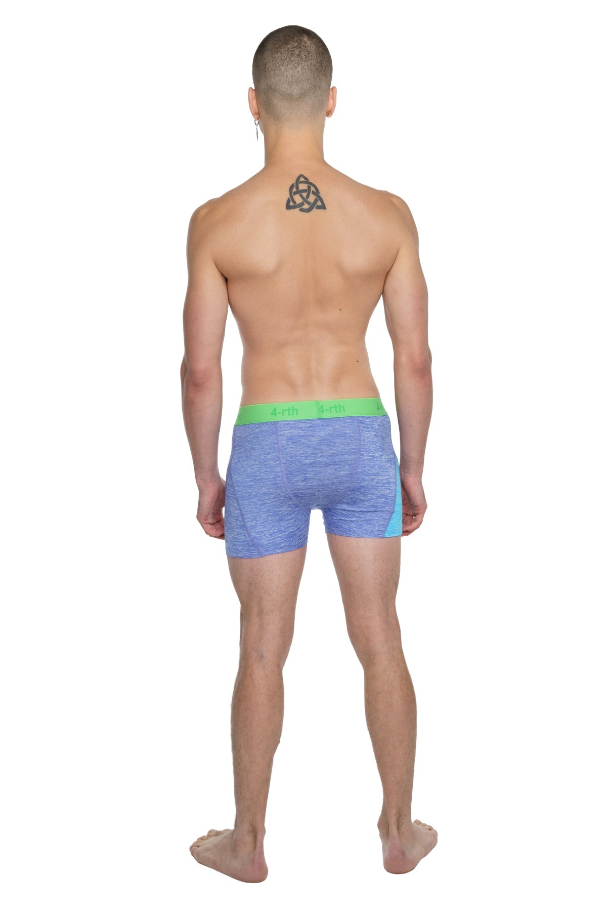 Blue heathered boxer briefs with bright green waistband designed for performance yoga leggings short lavender heather