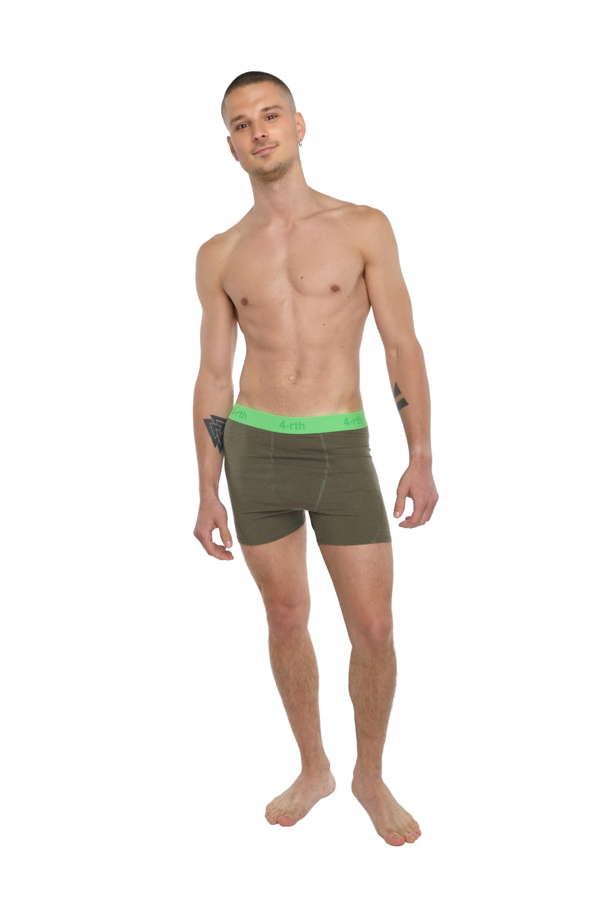Olive green boxer briefs with bright neon green waistband designed for performance and active wear