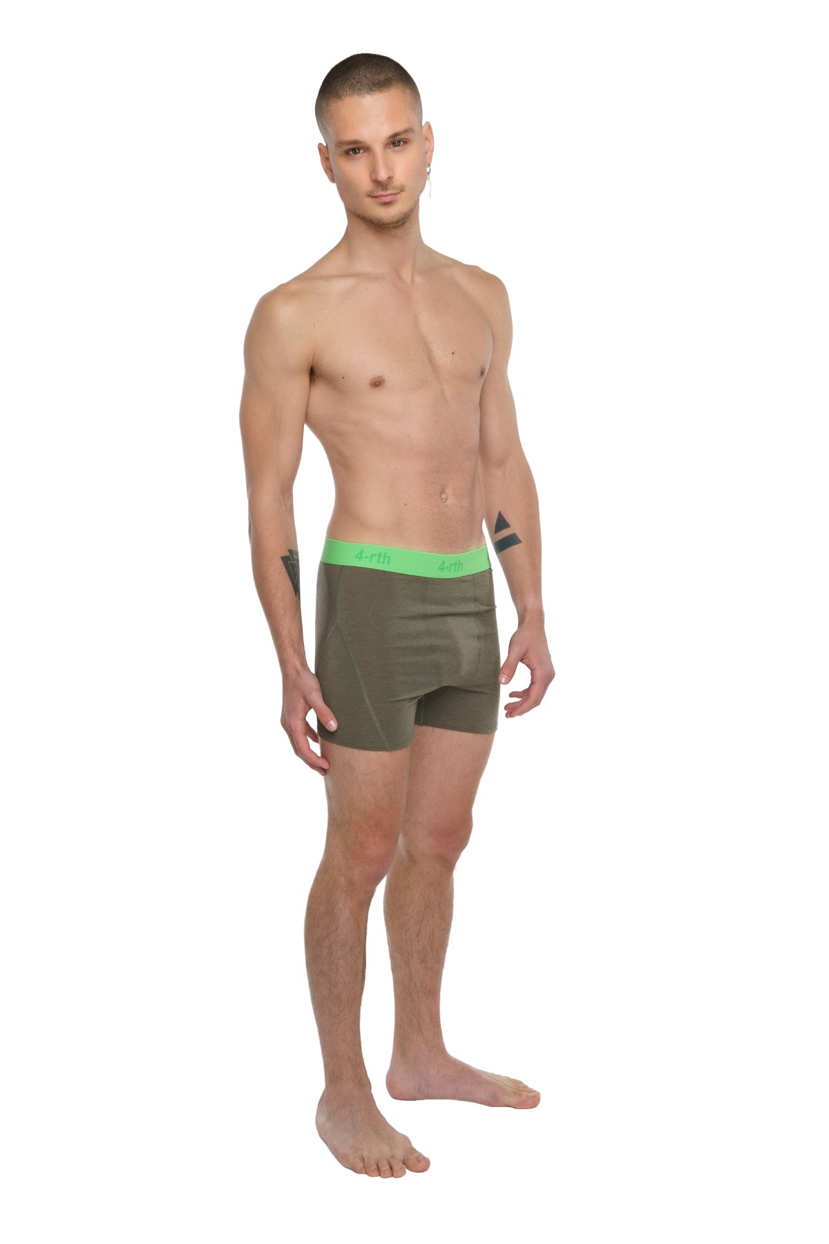 Olive green boxer briefs with bright neon green elastic waistband designed for performance and comfort
