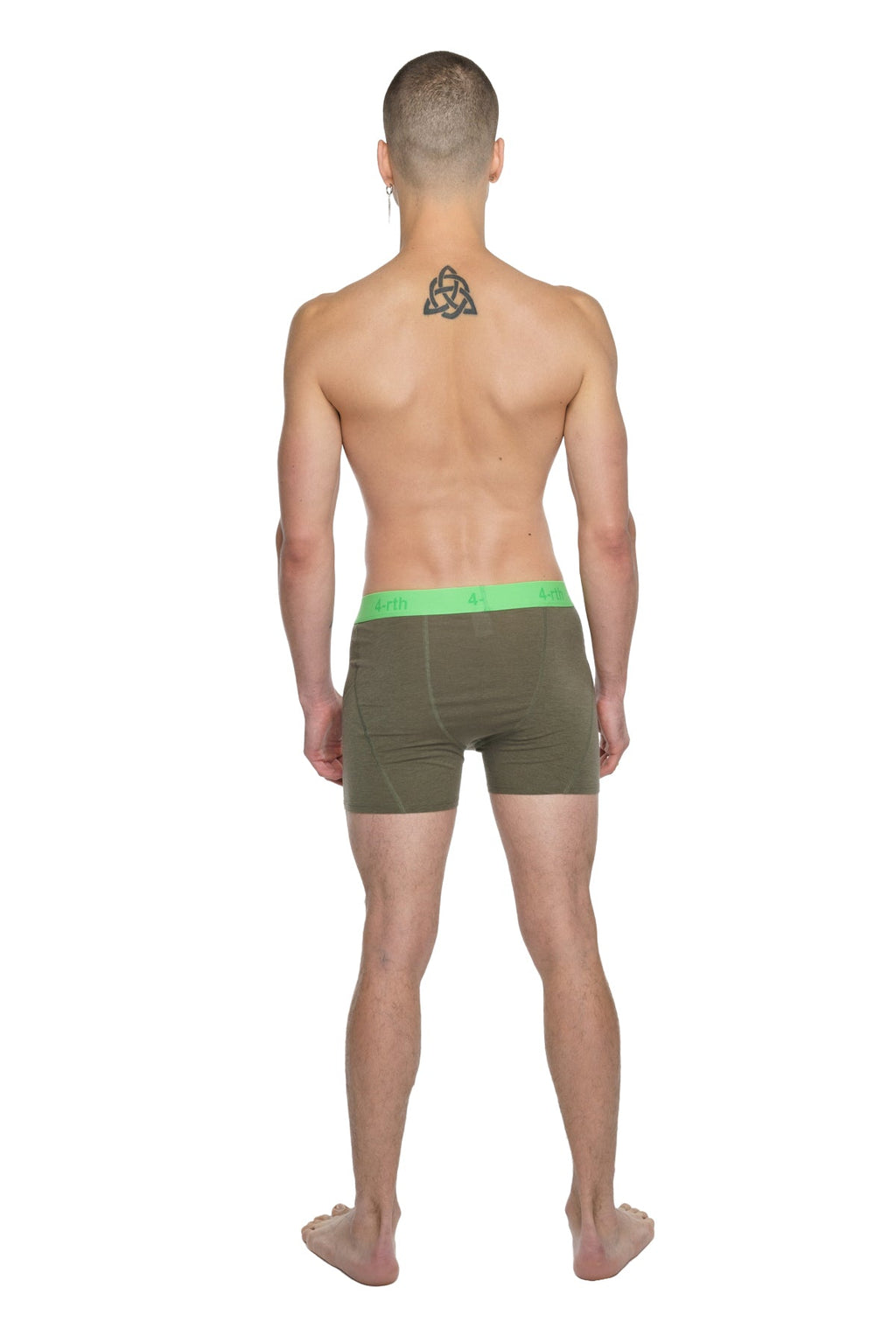 Olive green boxer briefs with a bright neon green waistband designed for performance and comfort in yoga activities