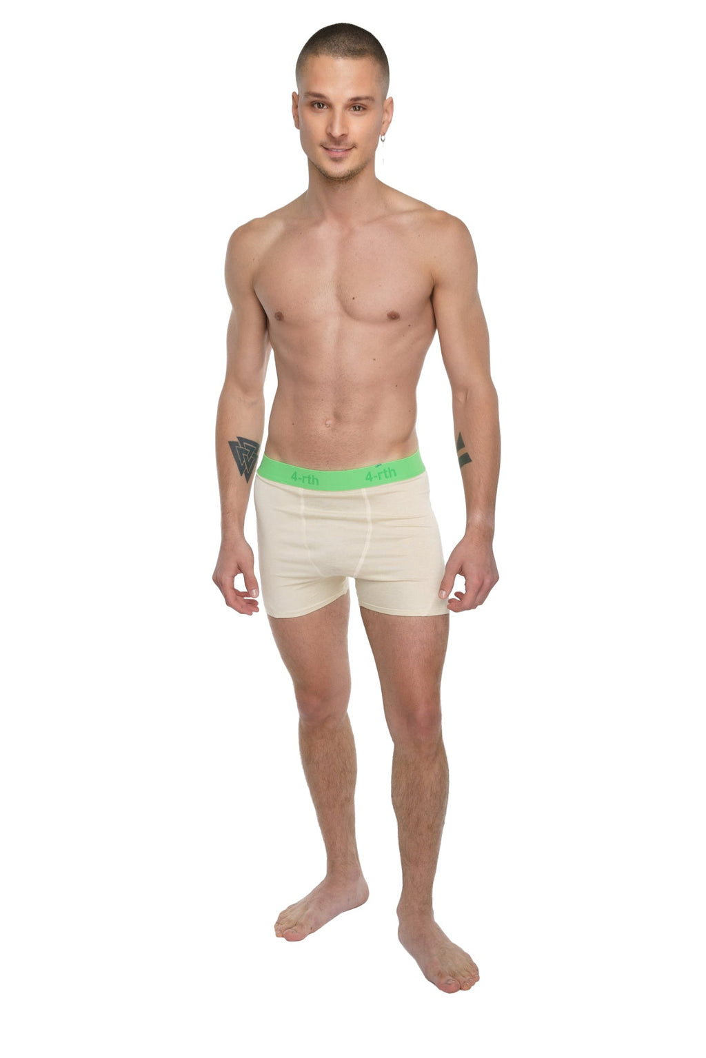 Cream-colored boxer briefs with bright green elastic waistband designed for performance yoga in sand beige tone