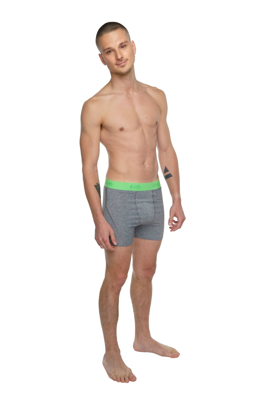Gray boxer briefs with bright green elastic waistband made from steel heather fabric for performance yoga leggings use