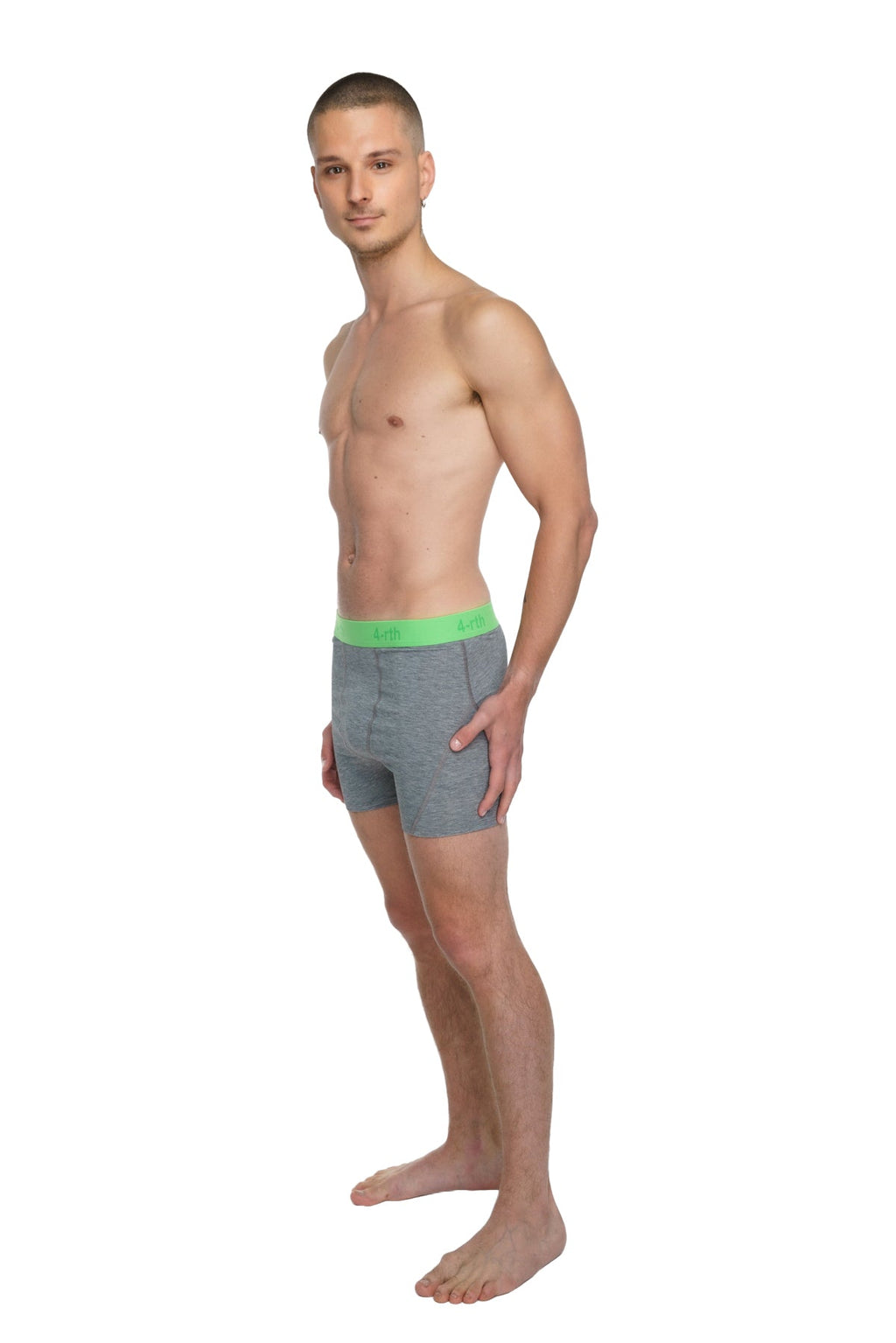 Gray boxer briefs with bright green elastic waistband designed for comfort and performance in steel heather fabric