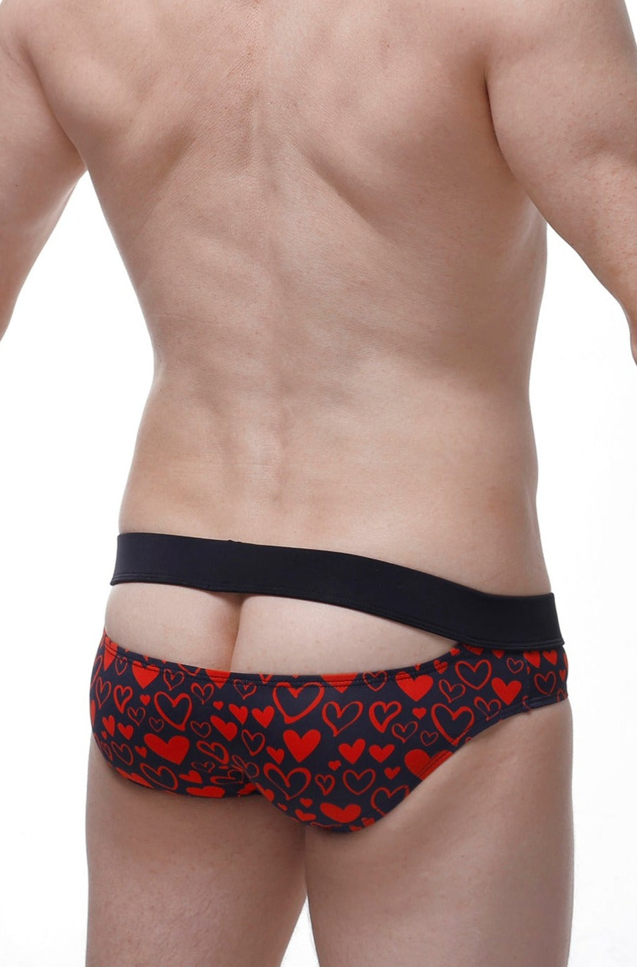 PetitQ bikini Céron King of Hearts men’s briefs in black and red heart pattern with solid black waistband