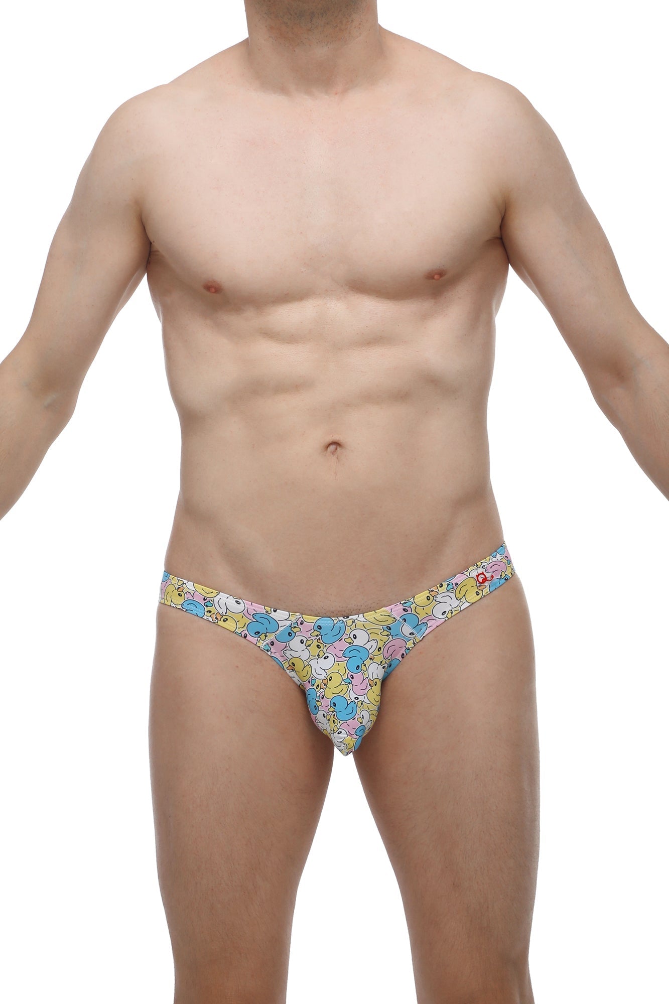 Colorful cartoon duck-patterned men’s thong in stretchy lightweight fabric by PetitQ titled bikini chill duckies