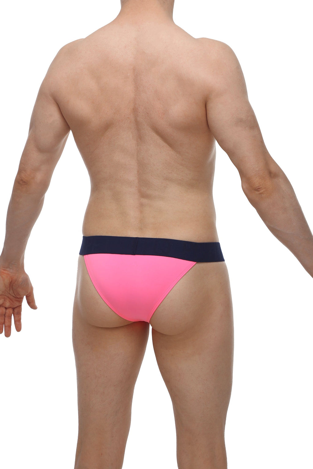 PetitQ bikini Coren pink bright pink swim trunks with contrasting navy blue waistband for stylish beachwear