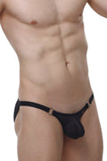 Black lace thong petitq bikini ladon macra black with textured patterned front and metallic ring accents on sides