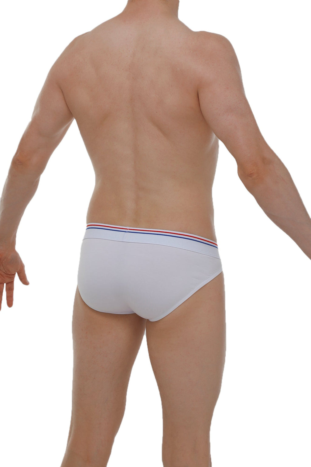 White petitq bikini mega bulge modal briefs with red white and blue striped waistband made of soft modal fabric