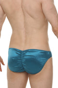 Teal metallic satin petitq bikini murlin briefs with a ruched back design shown from the back side