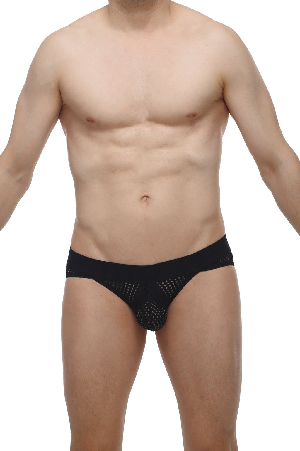 Black mesh briefs with perforated design from petitq bikini protruder durtol black showing front side