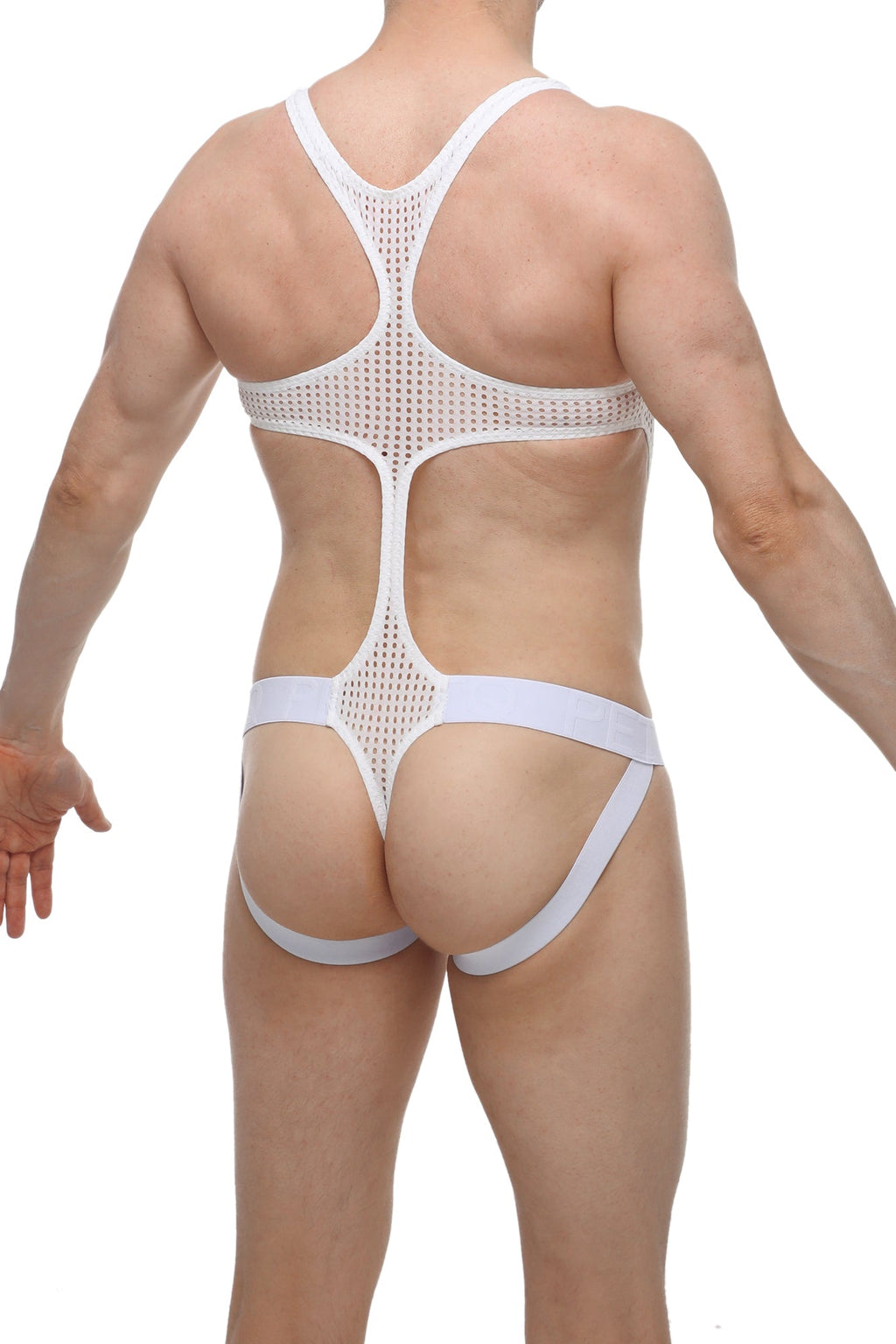 Back view of petitq body jockthong oze durtol white mesh athletic brief with cutout back and wide elastic waistband