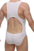 White ribbed mesh one-piece swimsuit with large back cutout shown from the back petitq bodybrief open white