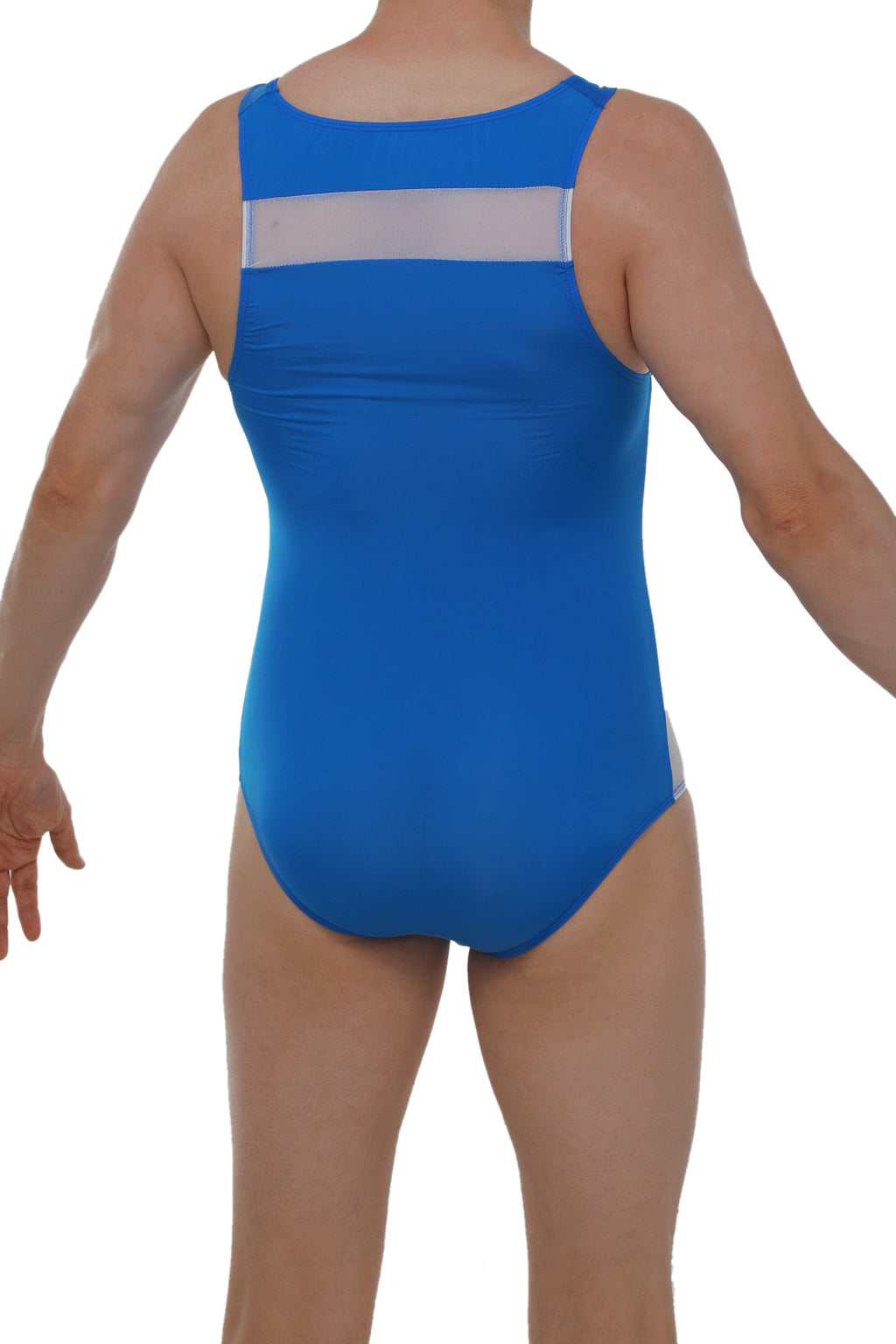 Back view of petitq bodysuit herly blue bright blue leotard with silver mesh panel and matching silver side trim